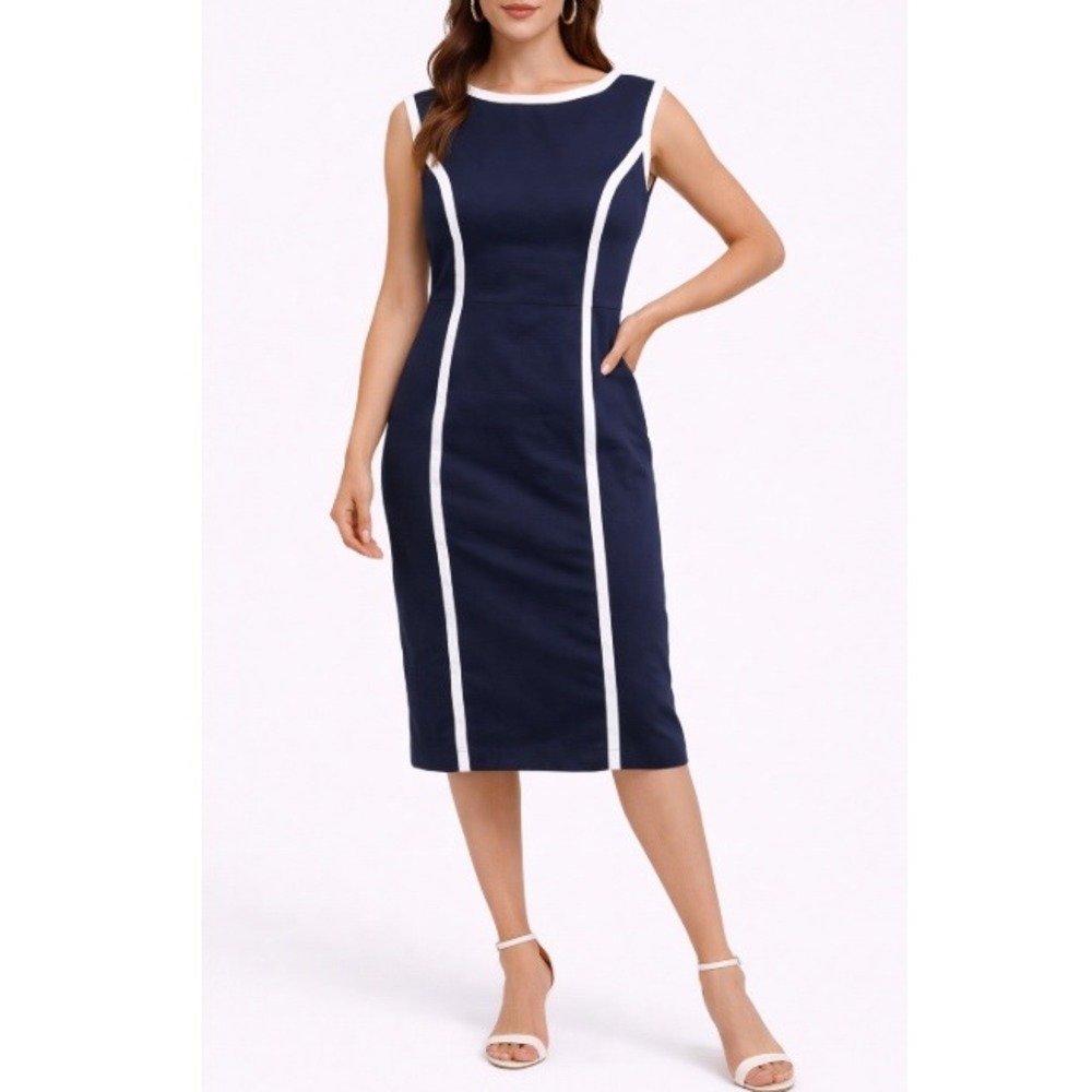 Ann Taylor‎ Women's Navy with White Trim Sheath Dress Size 2